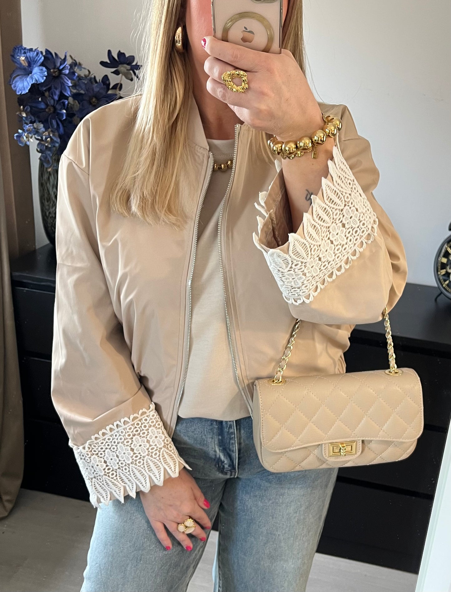 Tess Lace Bomber Jacket | Taupe