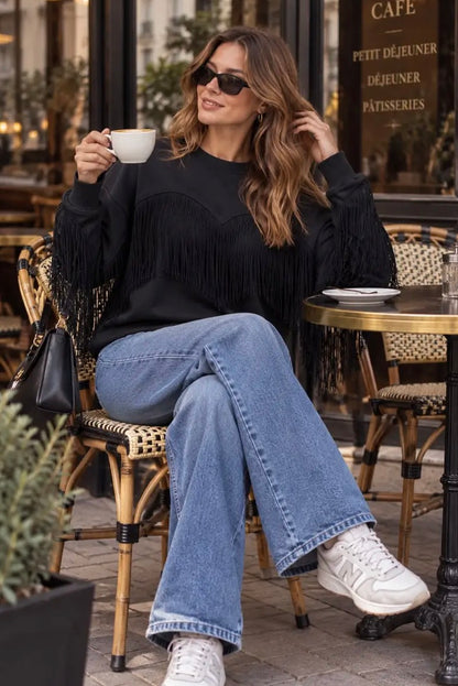 Gina Fringe Sweatshirt | Zwart