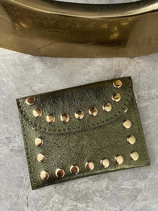 Jenna Metallic Leather Card Holder | Olive