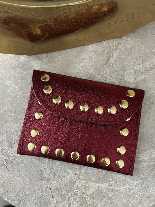 Jenna Metallic Leather Card Holder | Bordeaux