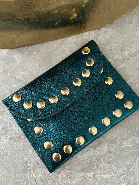 Jenna Metallic Studded Card Holder | Blauw/Groen