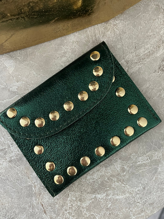 Jenna Metallic Leather Card Holder | Green
