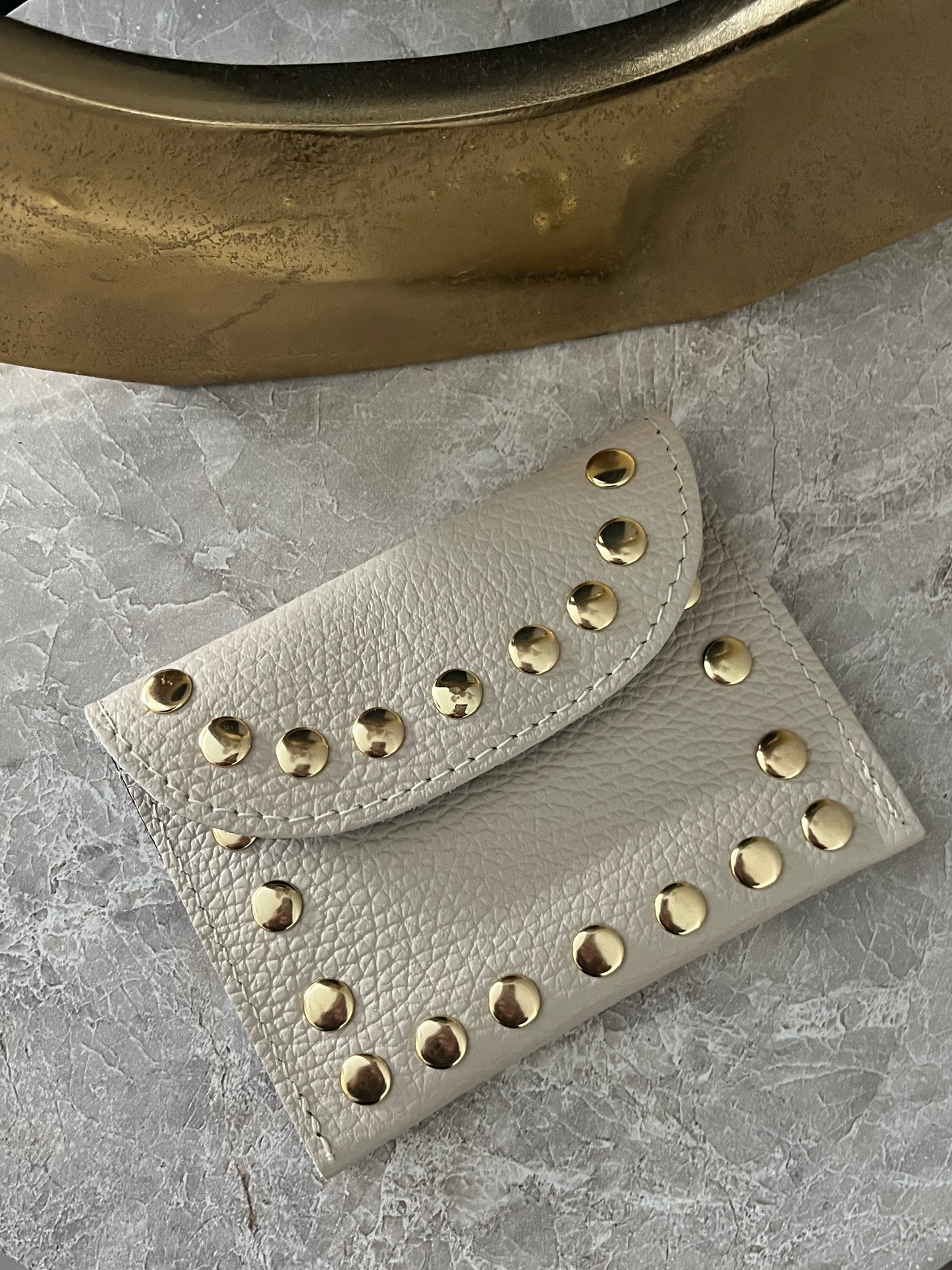 Jenna Leather Studded Card Holder | Beige
