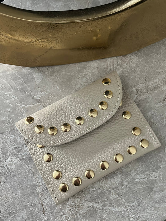 Jenna Leather Studded Card Holder | Beige