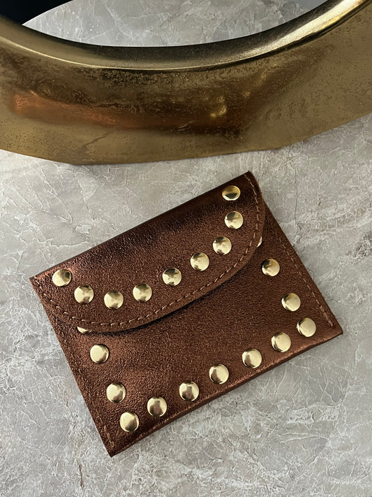 Jenna Metallic Leather Card Holder | Caramel