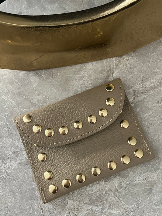 Jenna Leather Studded Card Holder | Taupe